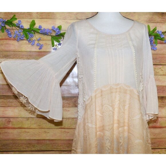 Ryu Ladies S Cream Lace Trim Blouse 3/4 Bell Sleeves Tunic Boho Fairy Cottage - Picture 5 of 13